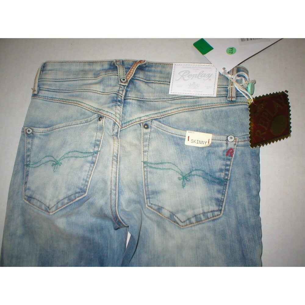 New Womens NWT Designer Replay Jeans 25 Skinny Light Blue Italy Trademark Tall